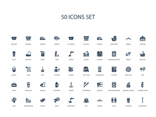 50 filled concept icons such as toothbrush, cleaning, toilet, hanger, dry, hand wash, wash,gloves, housekeeping, soap, cleaning spray, washing clothes, washing machine