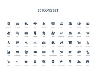 50 filled concept icons such as gallery, cash register, quality, barcode scanner, invoice, coupon, support,piggy bank, piggy bank, wallet, keyboard, cit card, piggy bank