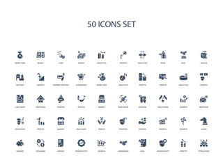 50 filled concept icons such as population, profits, productivity, deal, handshake, growth, productivity,invoice, exchange, savings, horse, growth, growth