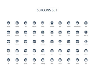 50 filled concept icons such as sad, joyful, smile, sceptic, angry, confused, silent,in love, goofy, sad, sceptic, winking, smiling