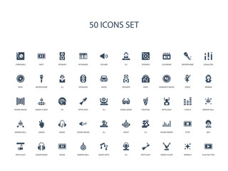 50 filled concept icons such as play button, sparkle, dance floor, spotlight, dj, music note, mirror ball,pause, headphones, spotlight, boy, stop, sound waves