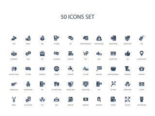 50 filled concept icons such as cash machine, qr code, receipt, discount, discount, wishlist, sale,gift, calculator, medal, laptop, percentage, qr code