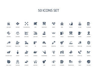 50 filled concept icons such as pie chart, group, presentation, clipboard, balance, idea, employee,economy, exchange, wall clock, growth, phone call, conveyor