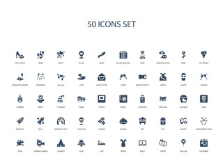 50 filled concept icons such as calendar, ballon, rings, bible, dress, car, cake,church, cinema camera, dove, engagement ring, marry, gift