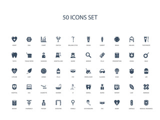 50 filled concept icons such as medical insurance, capsule, heart, eye, stethoscope, female, intestine,patient, pharmacy, report, bandage, leaf, report