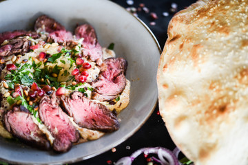 lebanese humus with grilled beef & lebanese bread