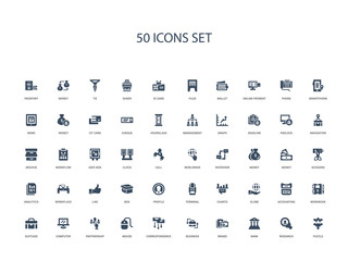 50 filled concept icons such as puzzle, research, bank, brand, business, correspondence, mouse,partnership, computer, suitcase, workbook, accounting, globe