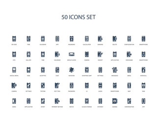 50 filled concept icons such as app, conversation, agenda, internet, cloud storage, watch, payment method,sport, application, news, ram, map, smartphone