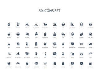 50 filled concept icons such as shopping bag, free, sent, package, package, weight, calculator,package, wheelbarrow, shopping cart, truck, envelope, crane