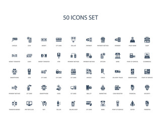50 filled concept icons such as transfer, buyer, point of service, bank, cit card, online shop, seller,buy, pay per click, transfer money, security, financial, cash register