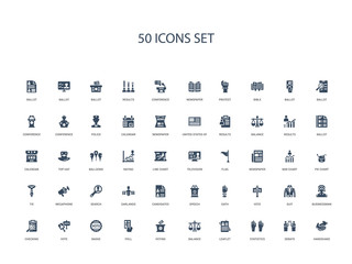 50 filled concept icons such as handshake, debate, statistics, leaflet, balance, voting, poll,badge, vote, checking, businessman, suit, vote