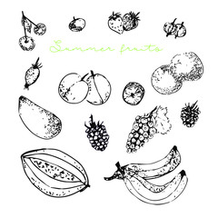 set of fruits and vegetables.Set of vector elements for healthy food, raw food, vegetarian. Fruit. Hand drawn. Black and white.