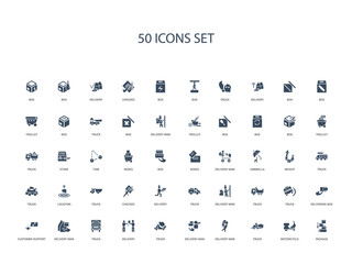 50 filled concept icons such as package, motorcycle, truck, delivery man, delivery man, truck, delivery,truck, delivery man, customer support, delivering box, truck,