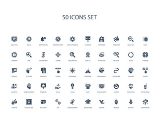 50 filled concept icons such as brainstorm, startup, passion, origami, brainstorm, announcement, dna,pie chart, placeholder, profits, coffee break, innovation, change