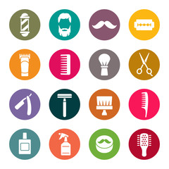 Barber shop emblem, accessories and equipment colourful vector icons