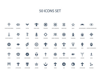 50 filled concept icons such as paganism, catholicism, yin yang, om, cross, islam, judaism,catholicism, catholicism, shinto, shiva, judaism, christianity