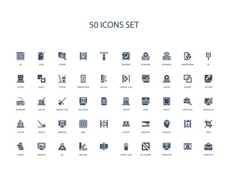 50 filled concept icons such as portfolio, , computer, set square, pencil case, pantone,de, monitor, layers, crop,