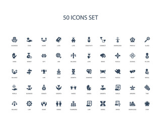 50 filled concept icons such as star, knowledge, paper, hands, law, teamwork, hands,heart, law, balance, time, arrows, shield