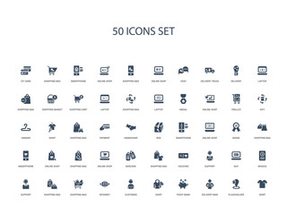50 filled concept icons such as shirt, placeholder, delivery man, piggy bank, shirt, customer, internet,shopping bag, shopping bag, support, invoice, buy, support
