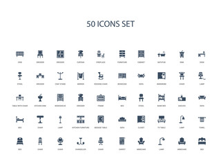 50 filled concept icons such as bed, armchair, lamp, armchair, carpet, chair, chandelier,chair, chair, bed, towel, lamp, tv table
