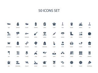 50 filled concept icons such as paintbrush, flower, sun, leaves, tulip, watering, shovel,trolley, mushroom, bug, windmill, fence, ladder