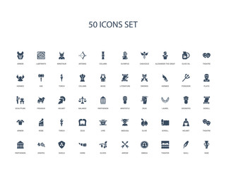 50 filled concept icons such as vase, quill, theater, omega, arrow, olives, horn,shield, grapes, parthenon, theatre, helmet, scroll