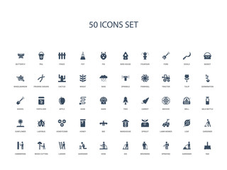 50 filled concept icons such as rak, gardener, spraying, brooming, dig, hose, gardener,ladder, wood cutting, hammering, gardener, leaf, lawn mower