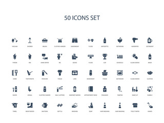 50 filled concept icons such as hands, toilet paper, hair washing, hair washing, soap, washing, bottle,bacteria, moisturizer, towel, bubble, make up, tampon