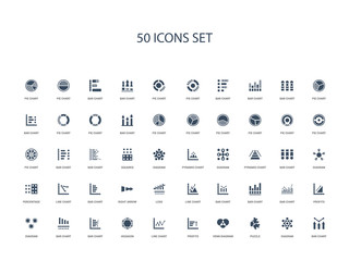 50 filled concept icons such as bar chart, diagram, puzzle, venn diagram, profits, line chart, hexagon,bar chart, bar diagram, profits, bar