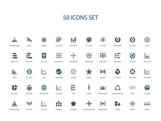 50 filled concept icons such as numbe, update, puzzle, connections, interconnected, pentagon, diagram,scatter, settings, pyramid chart, pie chart, dots, interconnected
