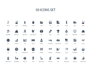 50 filled concept icons such as baby car seat, baby girl, baby mobile, car, food, stroller, chair,baby girl, motherhood, mobile phone, crib, fatherhood, rattle