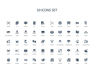 50 filled concept icons such as server, shield, file, network, file, broadcast, firewall,firewall, ethernet, transfer, upload, network, wifi