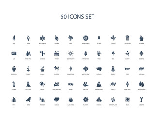 50 filled concept icons such as lobster, sun, grow plant, stones, flower, aloe vera, cloud,forest, bird, crab, water drop, pine tree, turtle