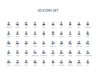 50 filled concept icons such as pilot, businessman, stewardess, office worker, singer, chef, teacher,painter, delivery man, florist, fire extinguisher, electrician, gardener