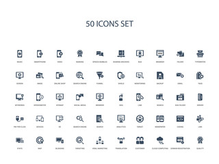 50 filled concept icons such as quality, domain registration, cloud computing, customer, translation, viral marketing, targeting,blogging, map, stats, link, coding, newspaper