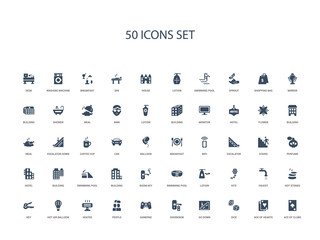 50 filled concept icons such as ace of clubs, ace of hearts, dice, go down, doorknob, gamepad, people,heater, hot air balloon, key, hot stones, faucet, kite