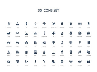 50 filled concept icons such as eggs, vegetables, cow, farmer, chicken, sprout, cereal,cereal, pig, sunrise, vegetable, carrots, seeds