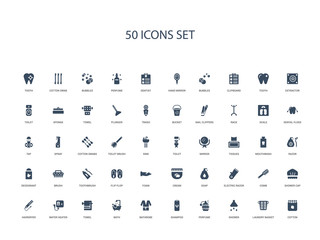 50 filled concept icons such as cotton, laundry basket, shower, perfume, shampoo, bathrobe, bath,towel, water heater, hairdryer, shower cap, comb, electric razor