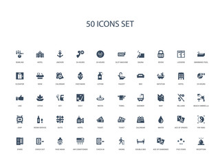50 filled concept icons such as reception, five stars, ace of diamonds, double bed, hiking, check in, air conditioner,face mask, check out, stars, yin yang, ace of spades, water