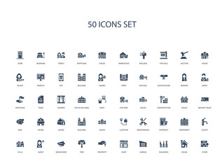 50 filled concept icons such as store, house, buildings, garage, shop, property, tree,megaphone, agent, villa, faucet, apartment, contract