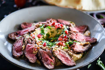 lebanese humus with grilled beef & lebanese bread