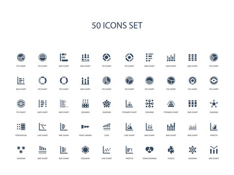 50 Filled Concept Icons Such As Bar Chart, Diagram, Puzzle, Venn Diagram, Profits, Line Chart, Hexagon,bar Chart, Bar Diagram, Profits, Bar