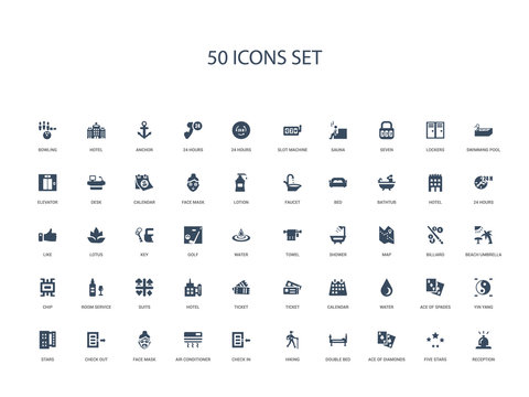50 filled concept icons such as reception, five stars, ace of diamonds, double bed, hiking, check in, air conditioner,face mask, check out, stars, yin yang, ace of spades, water