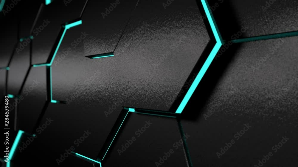 Aufkleber 3d animation of moving hexagon background with blue glow and blur.