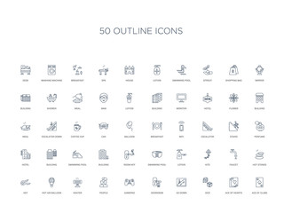 50 outline concept icons such as ace of clubs, ace of hearts, dice, go down, doorknob, gamepad, people,heater, hot air balloon, key, hot stones, faucet, kite