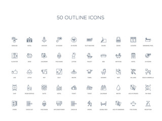 50 outline concept icons such as reception, five stars, ace of diamonds, double bed, hiking, check in, air conditioner,face mask, check out, stars, yin yang, ace of spades, water