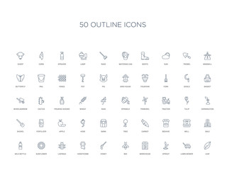 50 outline concept icons such as leaf, lawn mower, sprout, warehouse, bee, honey, honeycomb,ladybug, sunflower, milk bottle, bale, well, beehive
