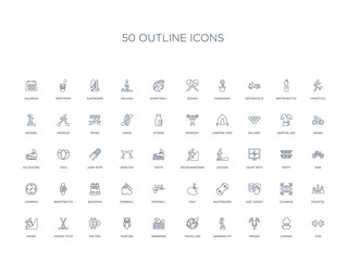 50 outline concept icons such as gym, cooking, singing, warming up, travelling, swimming, bowling,rafting, hockey stick, hiking, pedestal, cleaning, disc jockey