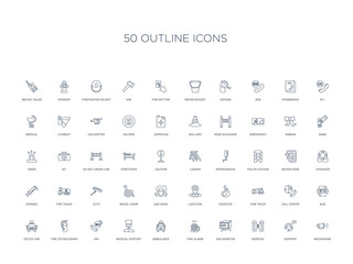 50 outline concept icons such as megaphone, support, hospital, ekg monitor, fire alarm, ambulance, medical support,24h, fire extinguisher, police car, bus, call center, tow truck