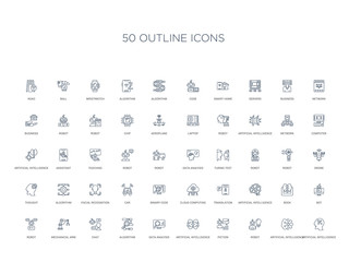 50 outline concept icons such as artificial intelligence, artificial intelligence, robot, piction, artificial intelligence, data analysis, algorithm,chat, mechanical arm, robot, bot, book,
